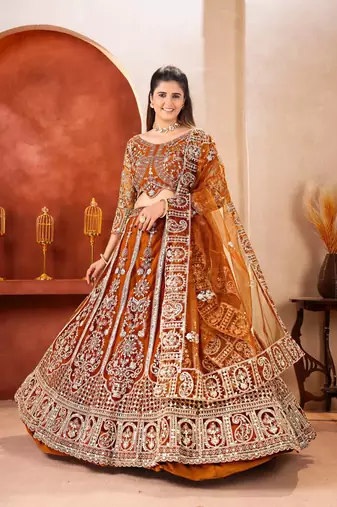 dark mustard embroidered lehenga detail