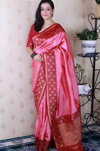 Pink banarasi silk zari weaving saree with contrast blouse piece