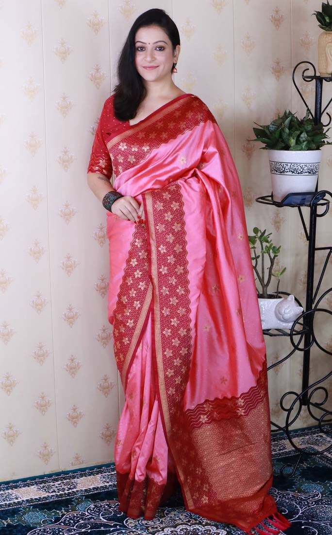 Pink banarasi silk zari weaving saree with contrast blouse piece