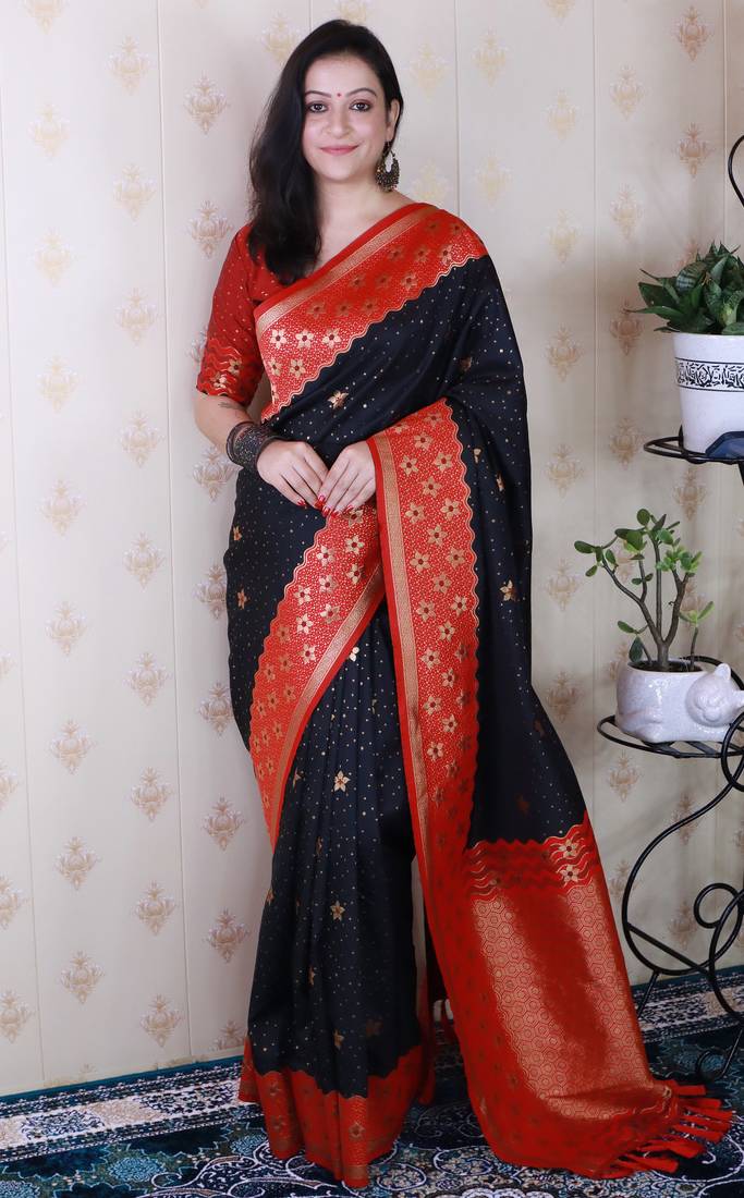 Black banarasi silk zari weaving saree with contrast blouse piece