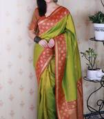 banarasi silk green saree with zari weaving border