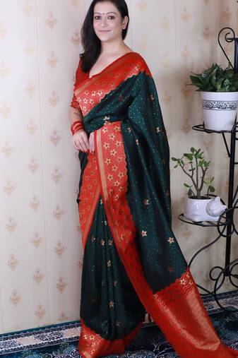 Green banarasi silk zari weaving saree with contrast blouse piece