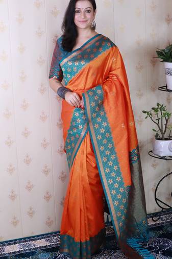 Orange banarasi silk zari weaving saree with contrast blouse piece