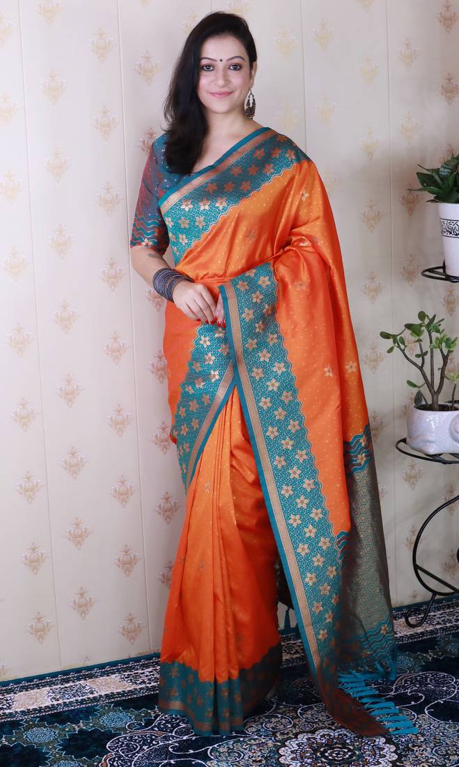Orange banarasi silk zari weaving saree with contrast blouse piece