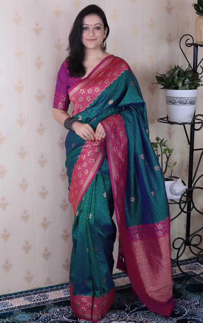 Teal banarasi silk zari weaving saree with contrast blouse piece