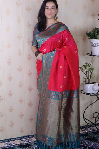 Pink banarasi silk zari weaving saree with contrast blouse piece