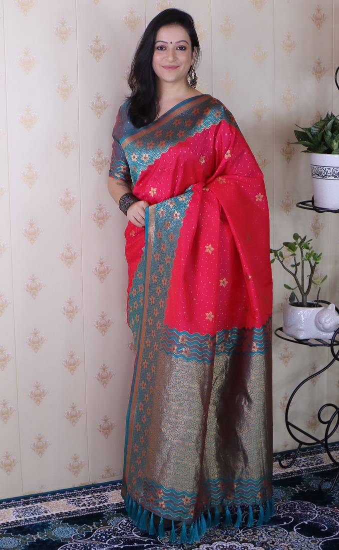 Pink banarasi silk zari weaving saree with contrast blouse piece