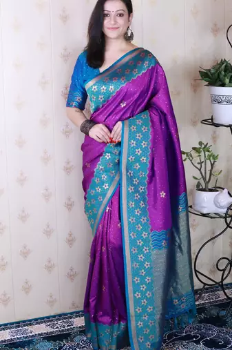Purple banarasi silk zari weaving saree with contrast blouse piece