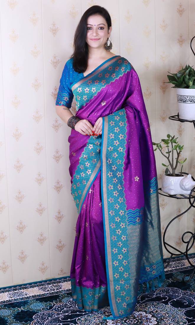 Purple banarasi silk zari weaving saree with contrast blouse piece