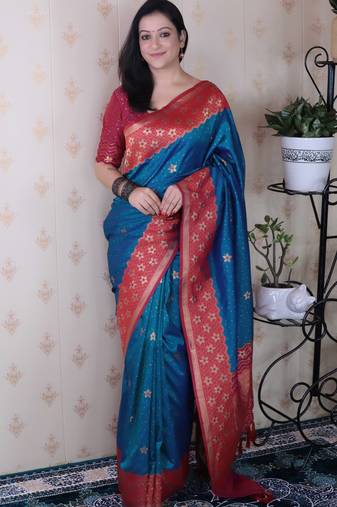 Blue banarasi silk zari weaving saree with contrast blouse piece