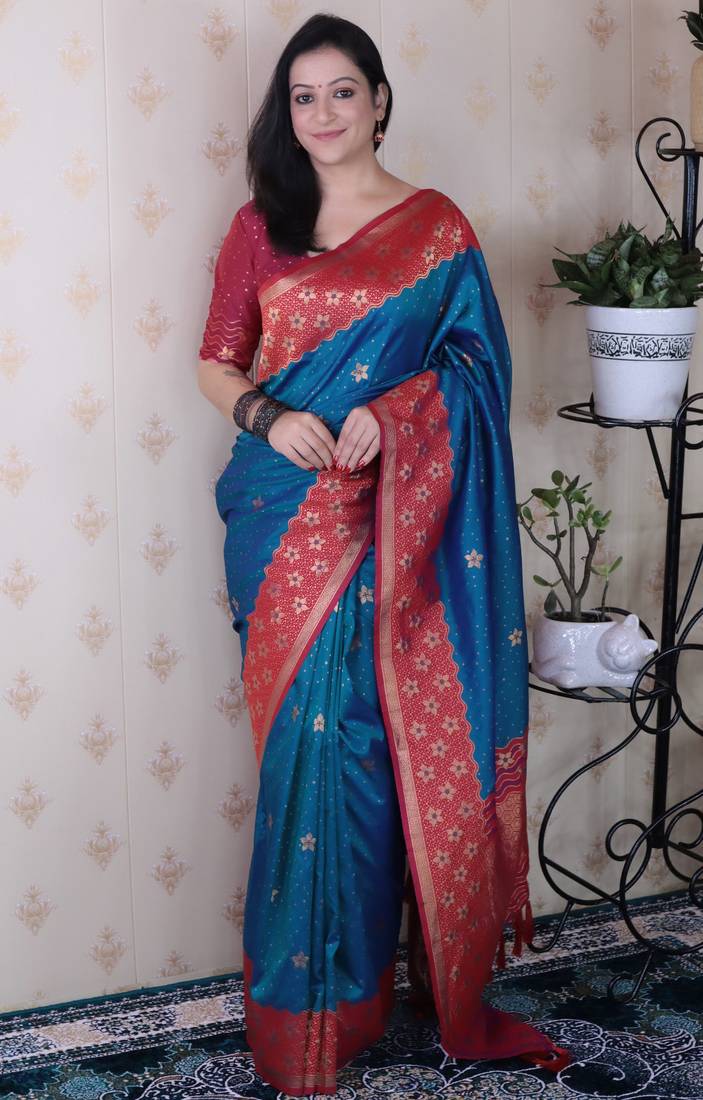 Blue banarasi silk zari weaving saree with contrast blouse piece