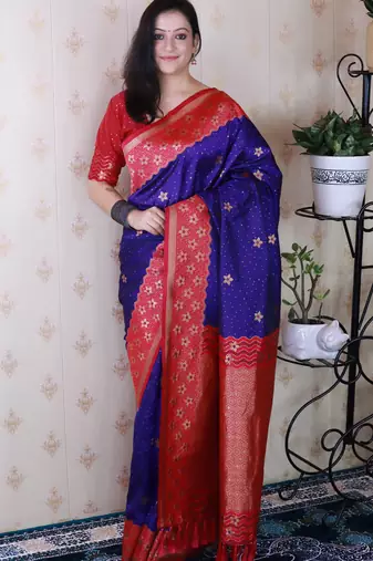Violet banarasi silk zari weaving saree with contrast blouse piece