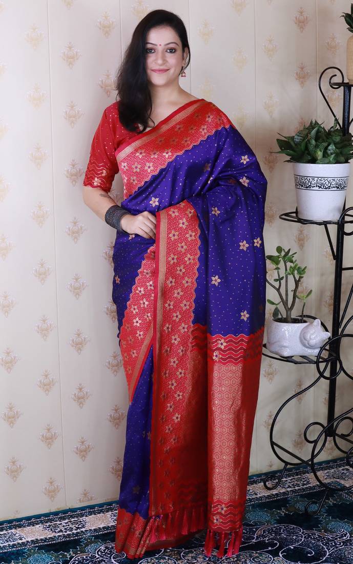 Violet banarasi silk zari weaving saree with contrast blouse piece