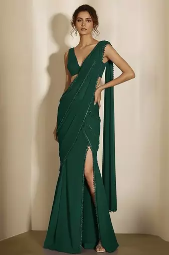 Green embroidered georgette draped saree set