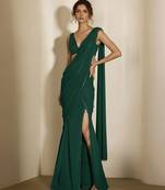 Green embroidered georgette draped saree set