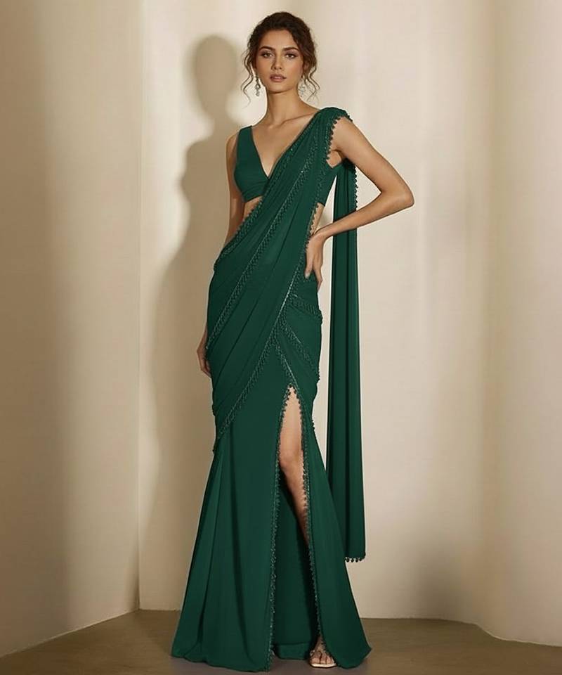 Green embroidered georgette draped saree set