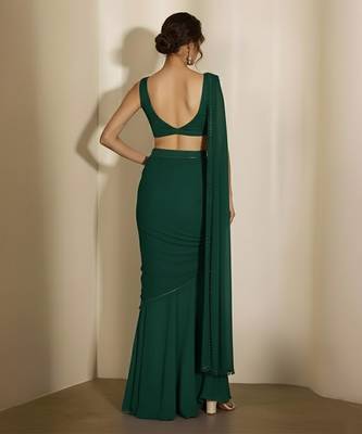 Green embroidered georgette draped saree set 2