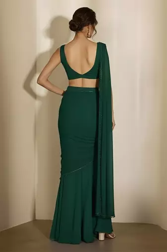 Green embroidered georgette draped saree set
