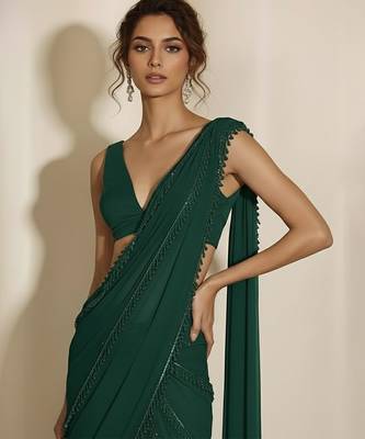 Green embroidered georgette draped saree set 3