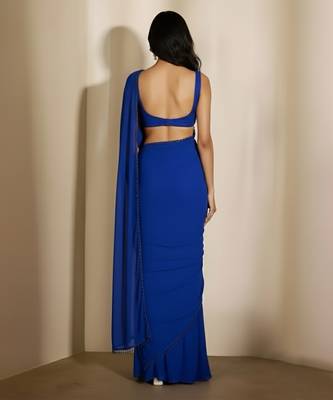 Royal blue embroidered georgette draped saree set 2