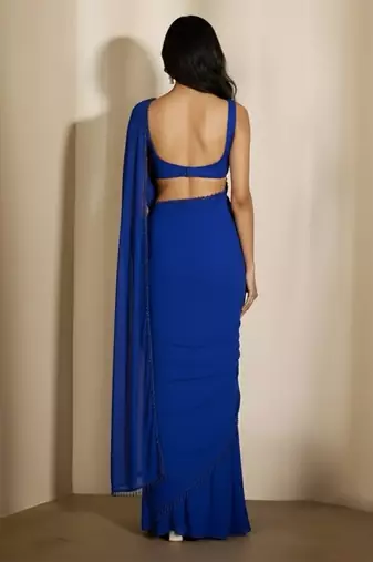 Royal blue embroidered georgette draped saree set