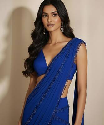 Royal blue embroidered georgette draped saree set 3
