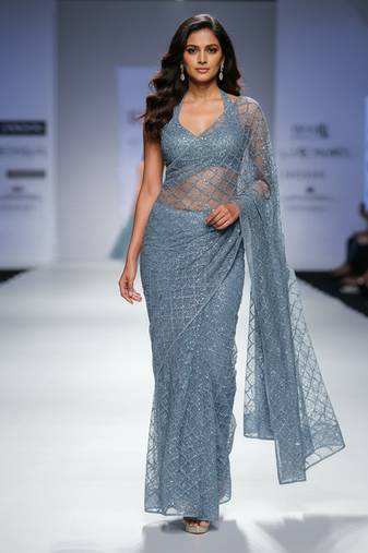 Grey embroidered net saree set