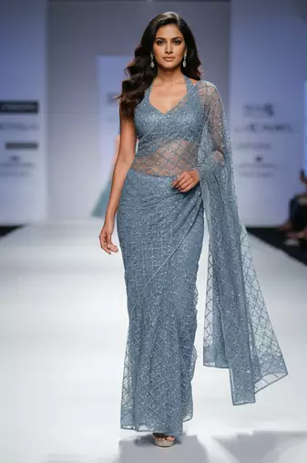 Grey embroidered net saree set