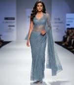 Grey embroidered net saree set