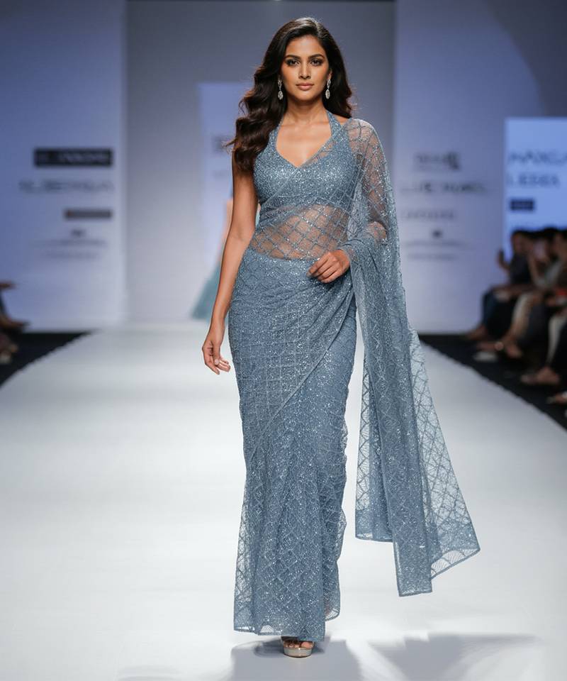 Grey embroidered net saree set