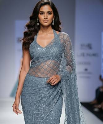 Grey embroidered net saree set 2