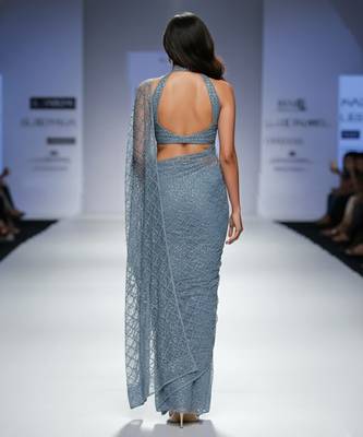 Grey embroidered net saree set 3