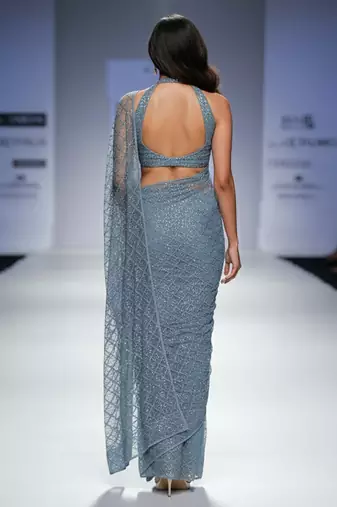 Grey embroidered net saree set
