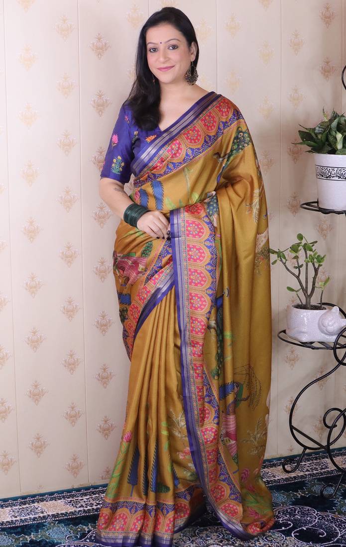 Mustard tussar silk printed with zari border saree and contrast blouse piece