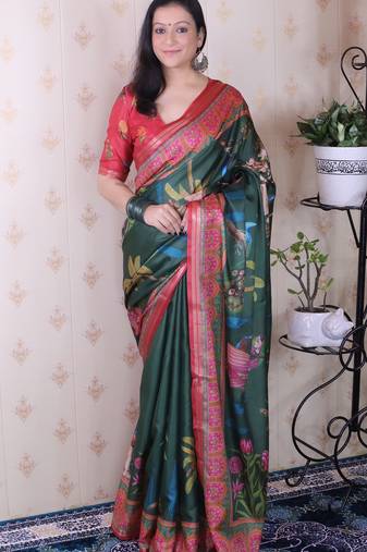Green tussar silk printed with zari border saree and contrast blouse piece