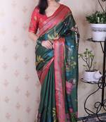 green tussar silk printed saree with zari border