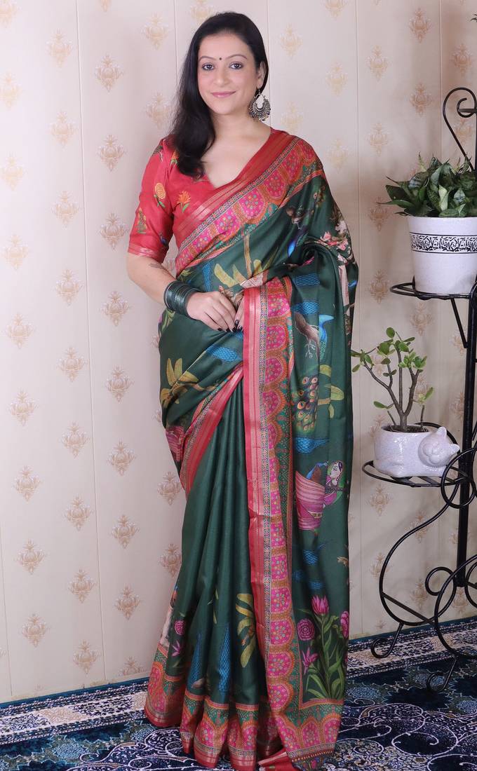 Green tussar silk printed with zari border saree and contrast blouse piece