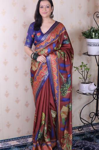 Maroon tussar silk printed with zari border saree and contrast blouse piece