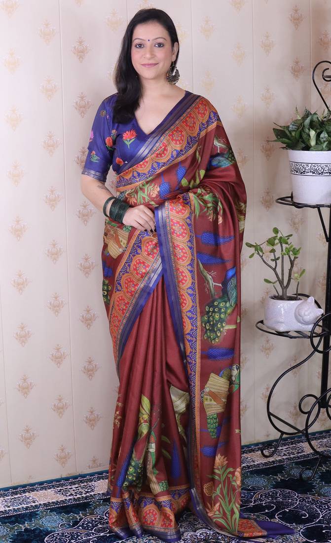 Maroon tussar silk printed with zari border saree and contrast blouse piece