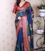 blue tussar silk printed saree with zari border