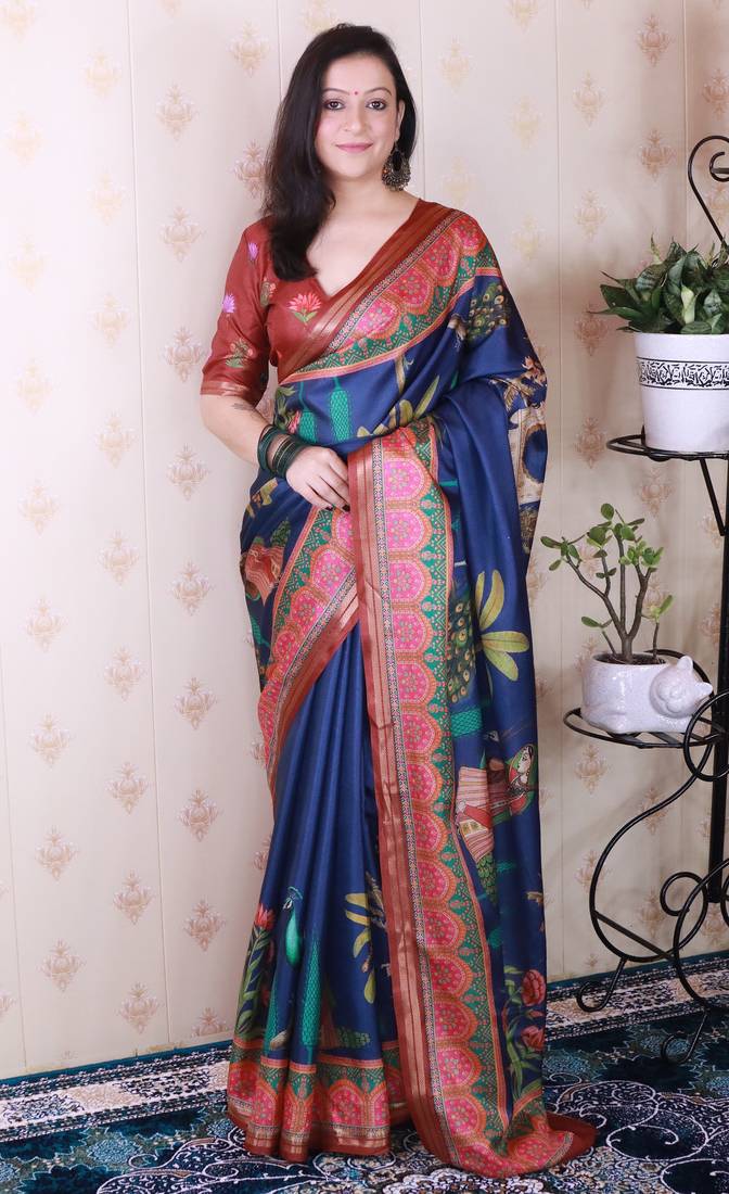 Blue tussar silk printed with zari border saree and contrast blouse piece