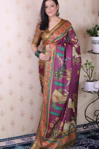 Lavender tussar silk printed with zari border saree and contrast blouse piece