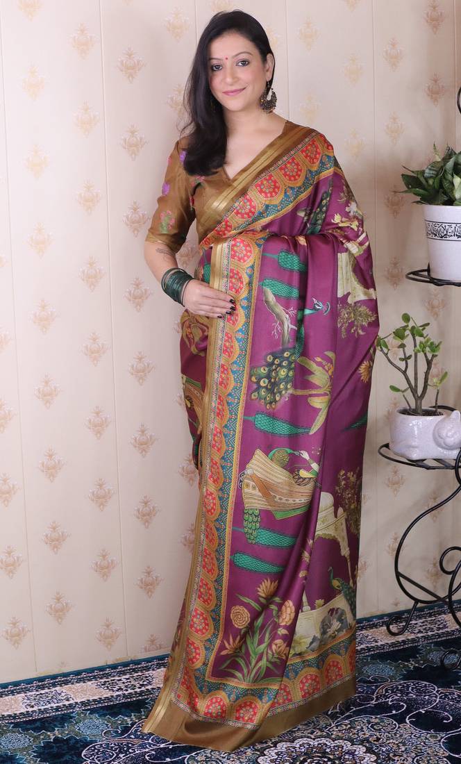 Lavender tussar silk printed with zari border saree and contrast blouse piece