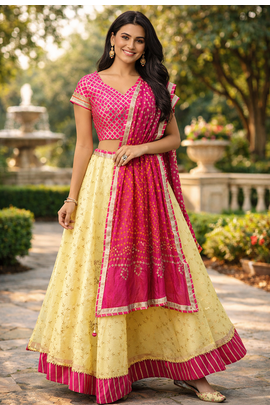yellow kota silk hand embroidered lehenga with pink bandhani dupatta 1
