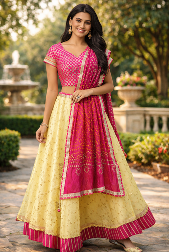 Yellow Handcrafted Kota Silk Stitched Lehenga With Bandhani Dupatta
