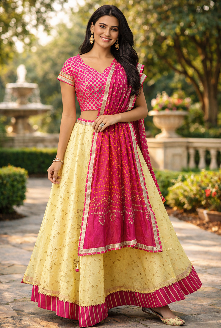 Yellow Handcrafted Kota Silk Stitched Lehenga With Bandhani Dupatta
