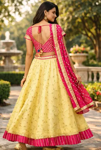 yellow kota silk hand embroidered lehenga with pink bandhani dupatta