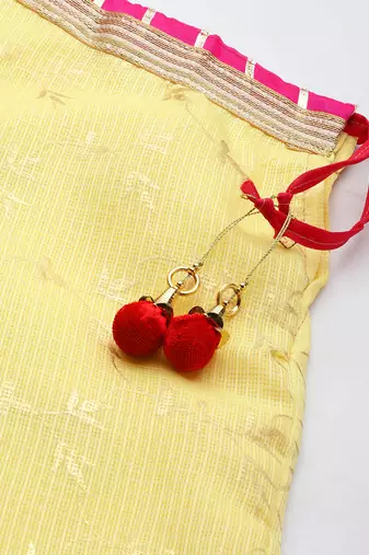 yellow kota silk hand embroidered lehenga with pink bandhani dupatta