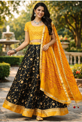 black kota silk hand embroidered lehenga with yellow bandhani dupatta 1