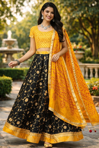 Black Hand Embroidered Kota Silk Sustainable Lehenga With Yellow Bandhani Dupatta